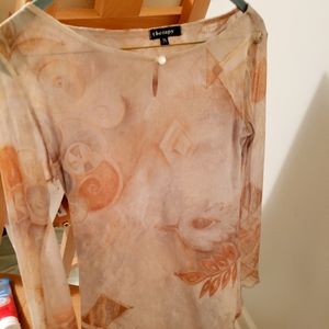 Neutral Petite mesh printed top flared sleeves